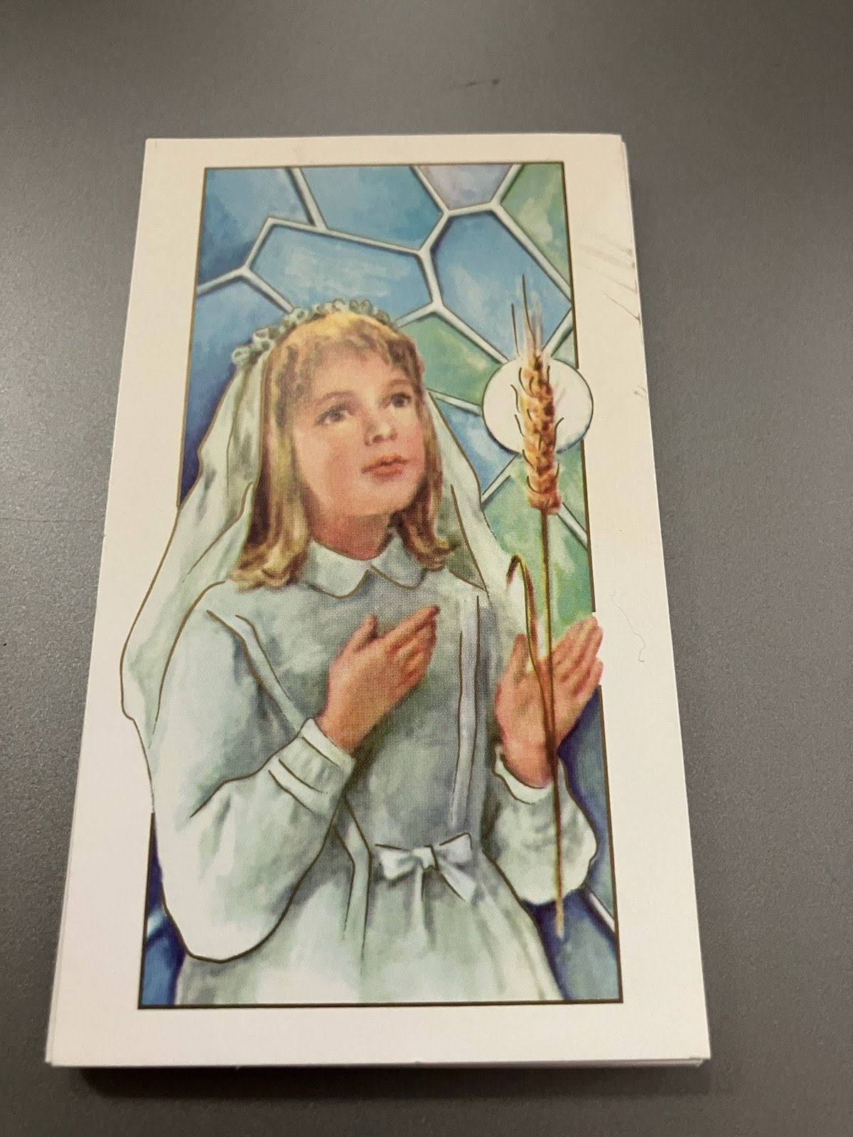 First Communion Holy Card with Stained Glass Background