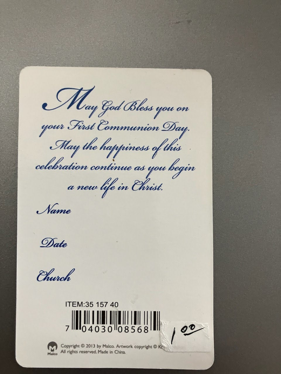 Limited Supply - First Communion Remembrance Card for Boy