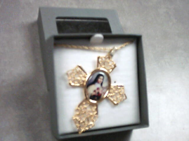 St. Therese of Lisieux Photo Cross Necklace in gold color