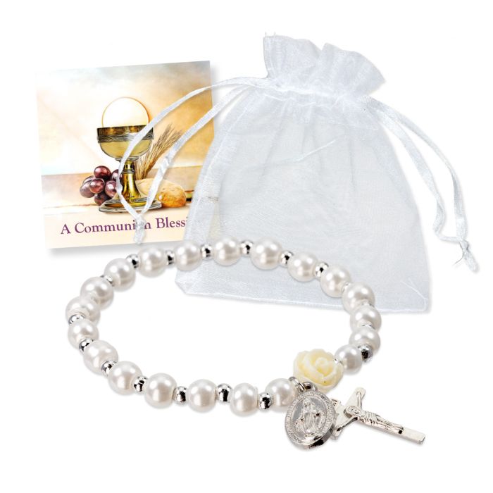 First Communion White Pearl Stretch Rosary Bracelet with Medals and Prayer Card
