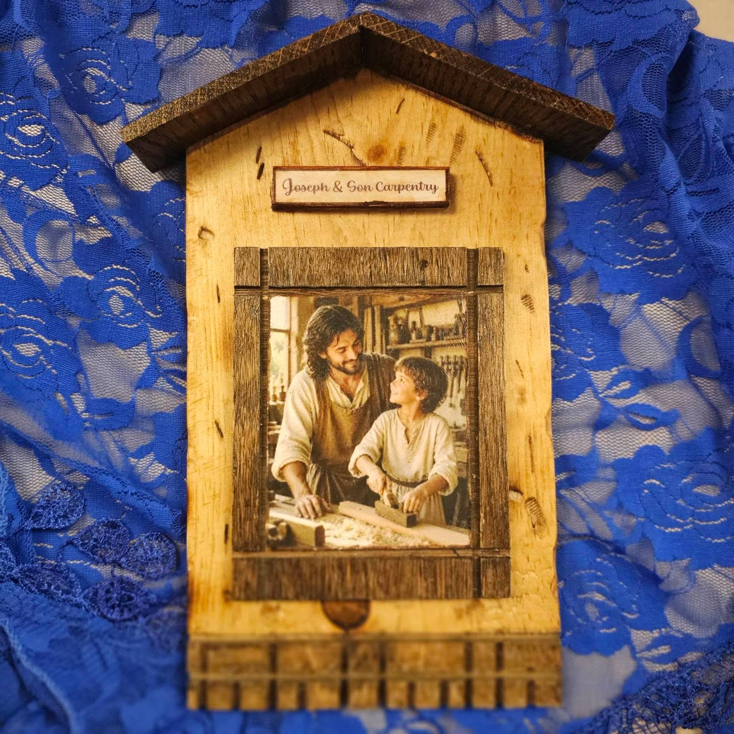 Handmade St. Joseph and Son Carpeting Wooden Wall Plaque - 10"