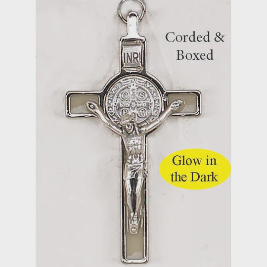 St. Benedict Crucifix Necklace Silver with Luminous Inlay - 3" Cross on Cord
