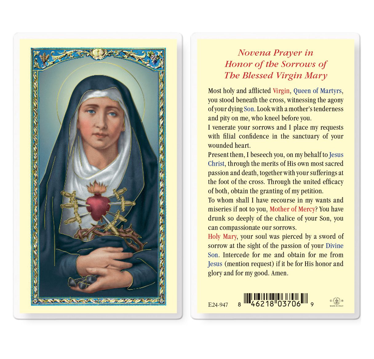 Our Lady of Sorrows, Novena - Holy Card