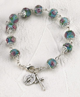 Light Blue Crystal Rosary Bracelet with Pink Rose