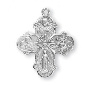 Sterling Silver Four Way Cross with 24" Rhodium Chain