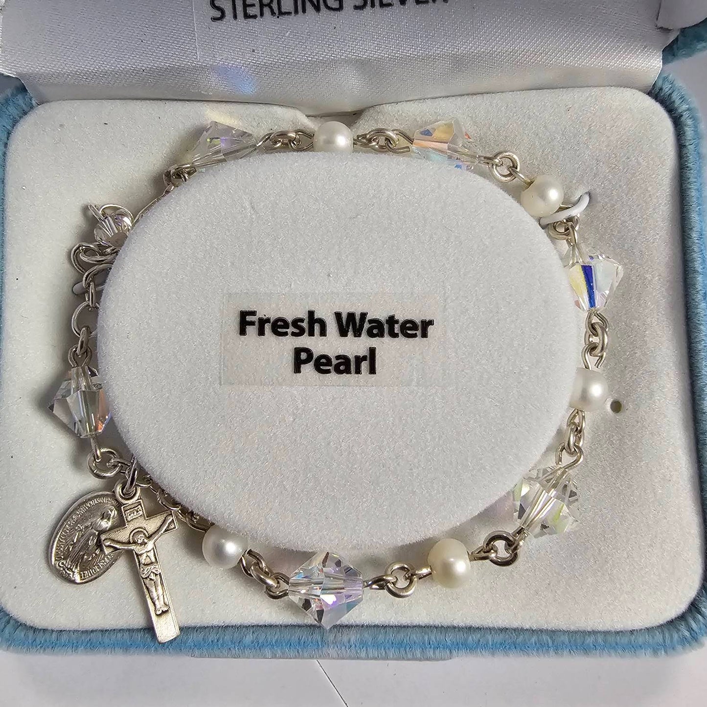 6mm Freshwater Pearl & Finest Crystal All Sterling Silver Rosary Bracelet