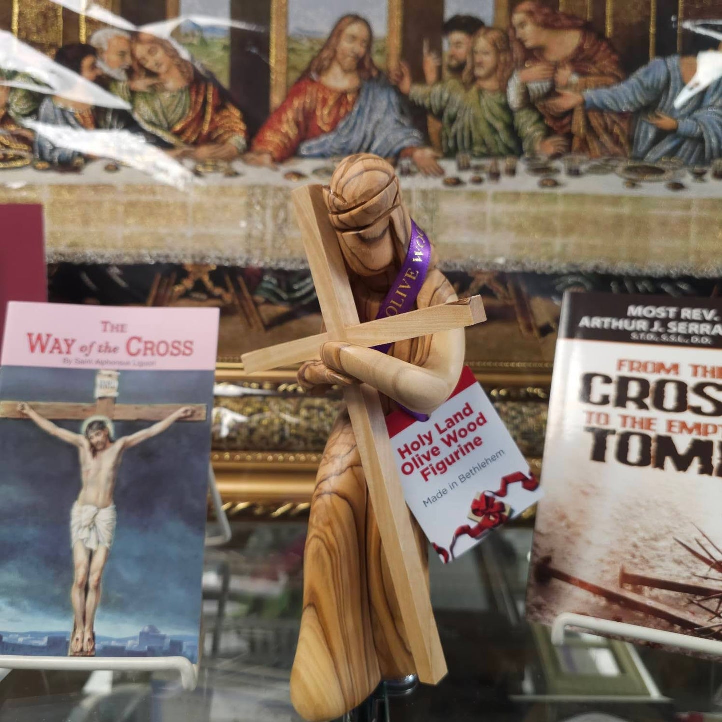 Jesus Statue Holding Cross - Made of Olive Wood in The Holy Land - 8.5"