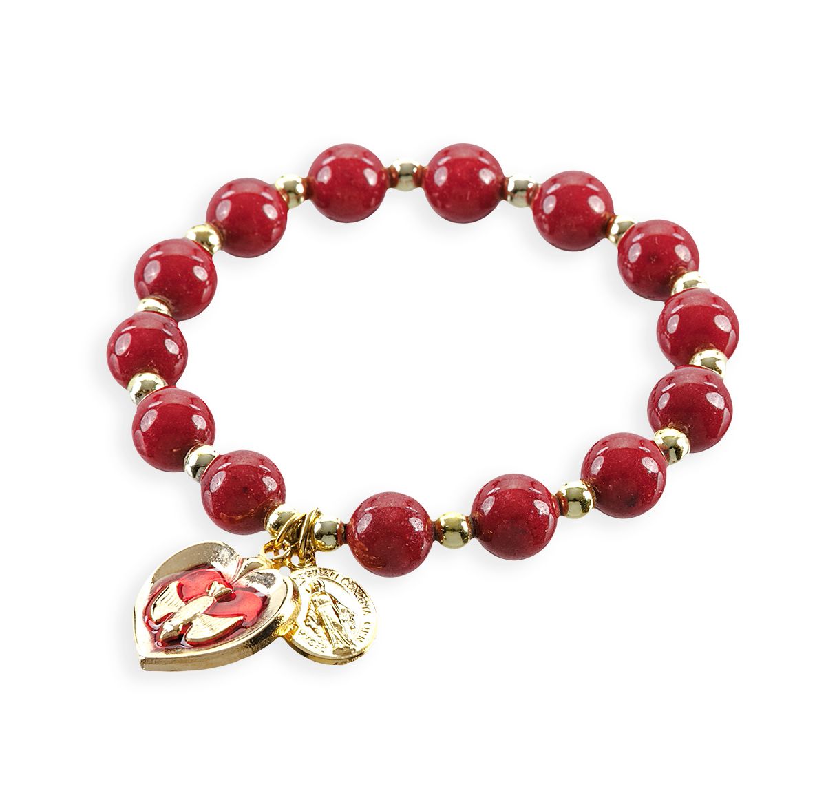 Red Glass Bead Stretch Bracelet with Epoxied Heart with Holy Spirit Gold Finish Charms