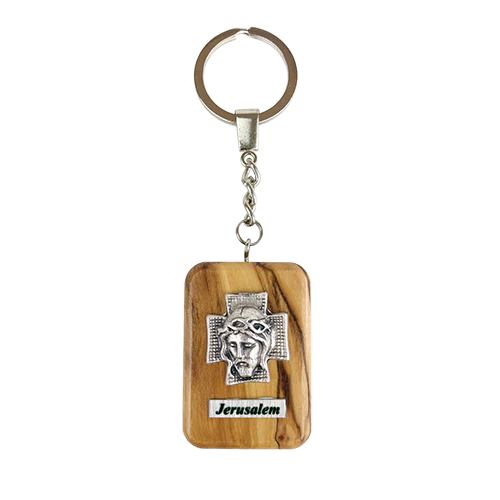 Jesus with Crown of Thorns, Olive Wood Keychain