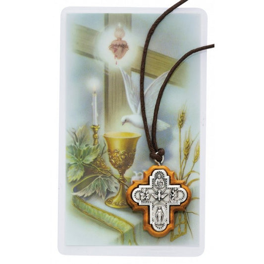 Olive Wood 4-way  Cross Necklace with Prayer Card