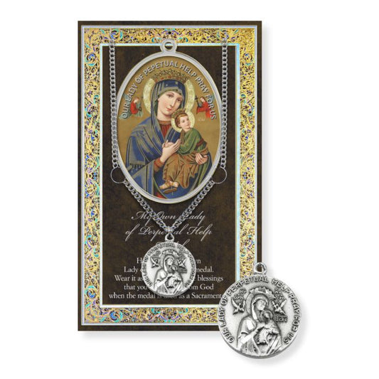 Our Lady of Perpetual Help Pewter Medal with Chain and Holy Card