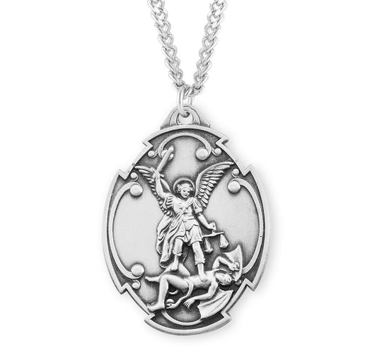 St. Michael the Archangel sterling silver medal in shape of cross shield with 27 inch stainless steel chain