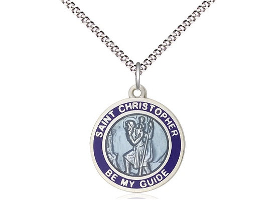 St. Christopher Sterling Silver Medal in 2 Tone Blue with Rhodium Chain