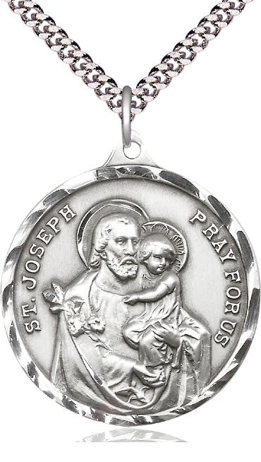 Large Round St. Joseph Sterling Silver Medal with Rhodium Chain