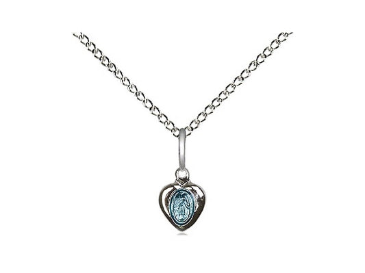 Sterling Silver Heart Shaped Miraculous Medal on  Sterling Silver Light Curb Chain.