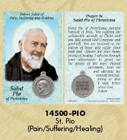 St. Pio of Pietrelcina Holy card with medal - patron saint of Pain, Suffering and Healing