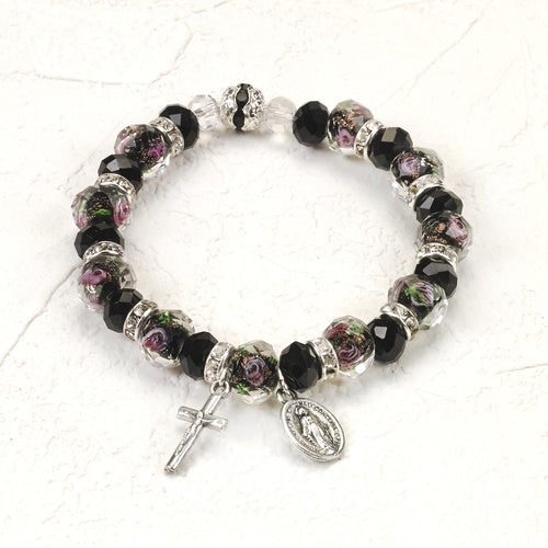 Stretch Bracelet with crystal black beads with painted rose inside