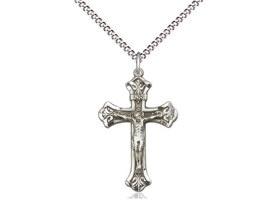 Sterling Silver Crucifix Medal on Rhodium Chain