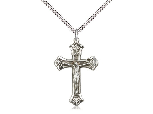 Sterling Silver Crucifix Medal on Rhodium Chain