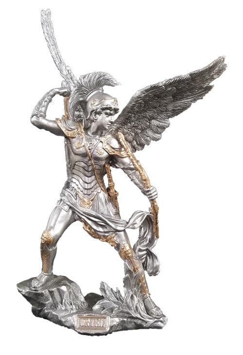 Archangel Uriel, Pewter Style Finish, Golden Highlights, 9" - Discontinued Size