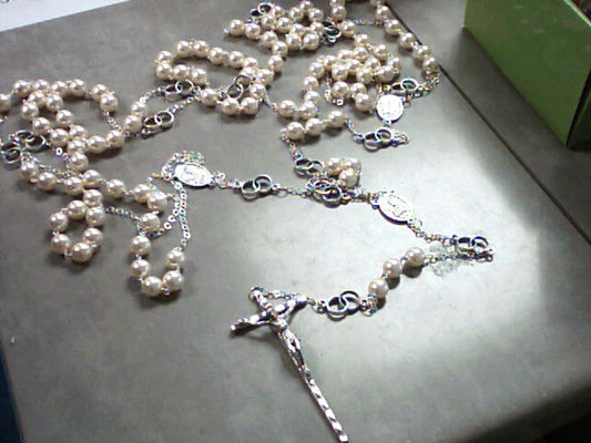 Lasso Wedding Rosary in imitation pearl with Holy Family Centers and wedding ring connections separating decades