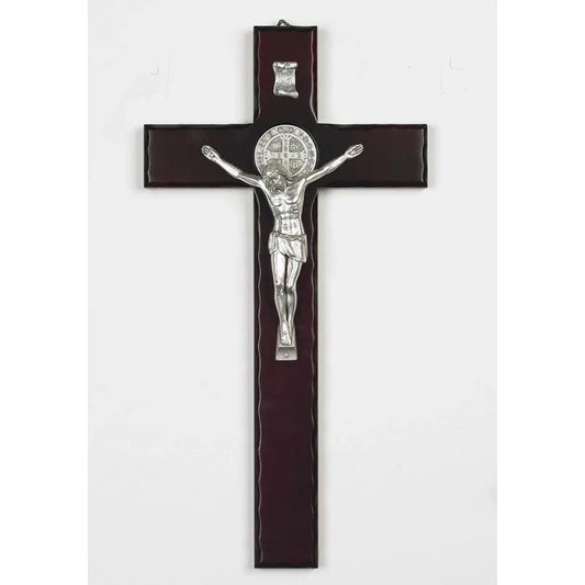 St. Benedict Cherry Wood Crucifix with Silver Tone Medal - 16.5"