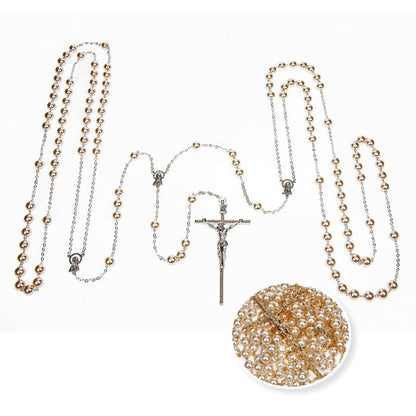Imitation Pearl Lasso Wedding Rosary with Silver Plated Chain Crucifix and Center