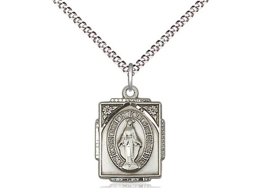 Square Sterling Silver Miraculous Medal on 18" Rhodium Chain