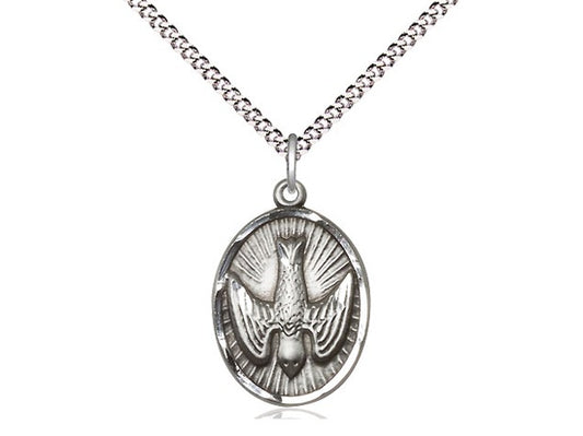 Holy Spirit Oval Sterling Silver Medal with 18" Rhodium Chain