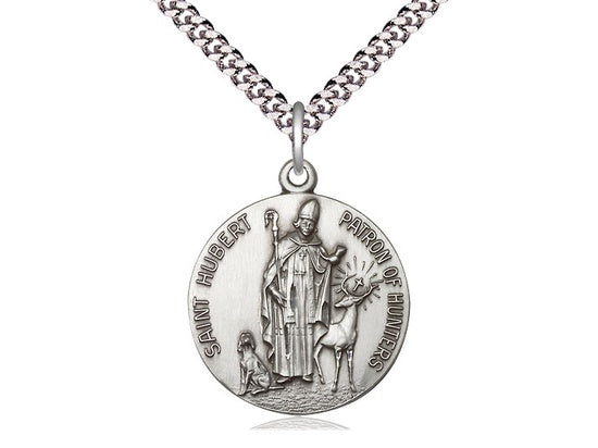 St. Hubert of Liege Sterling Silver Medal on Rhodium Chain