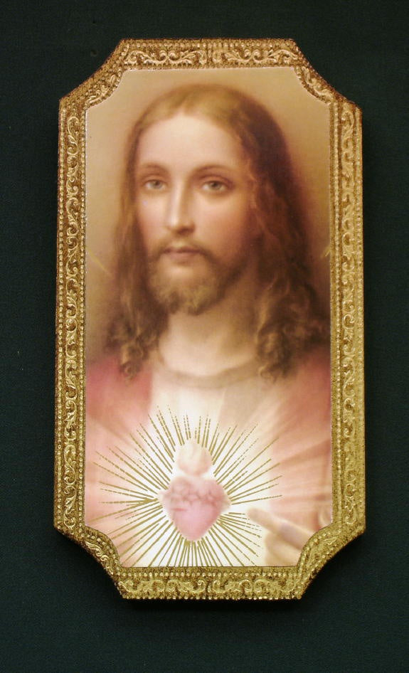 Sacred Heart of Jesus Florentine Wood Plaque, 4.75x9"