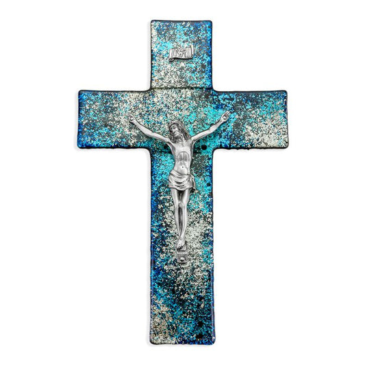 10" Blue and Silver Shimmering Glass Cross with Fine Pewter Corpus