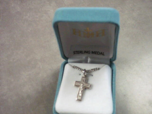 Sterling Silver Crucifix with border on 20 inch stainless steel chain