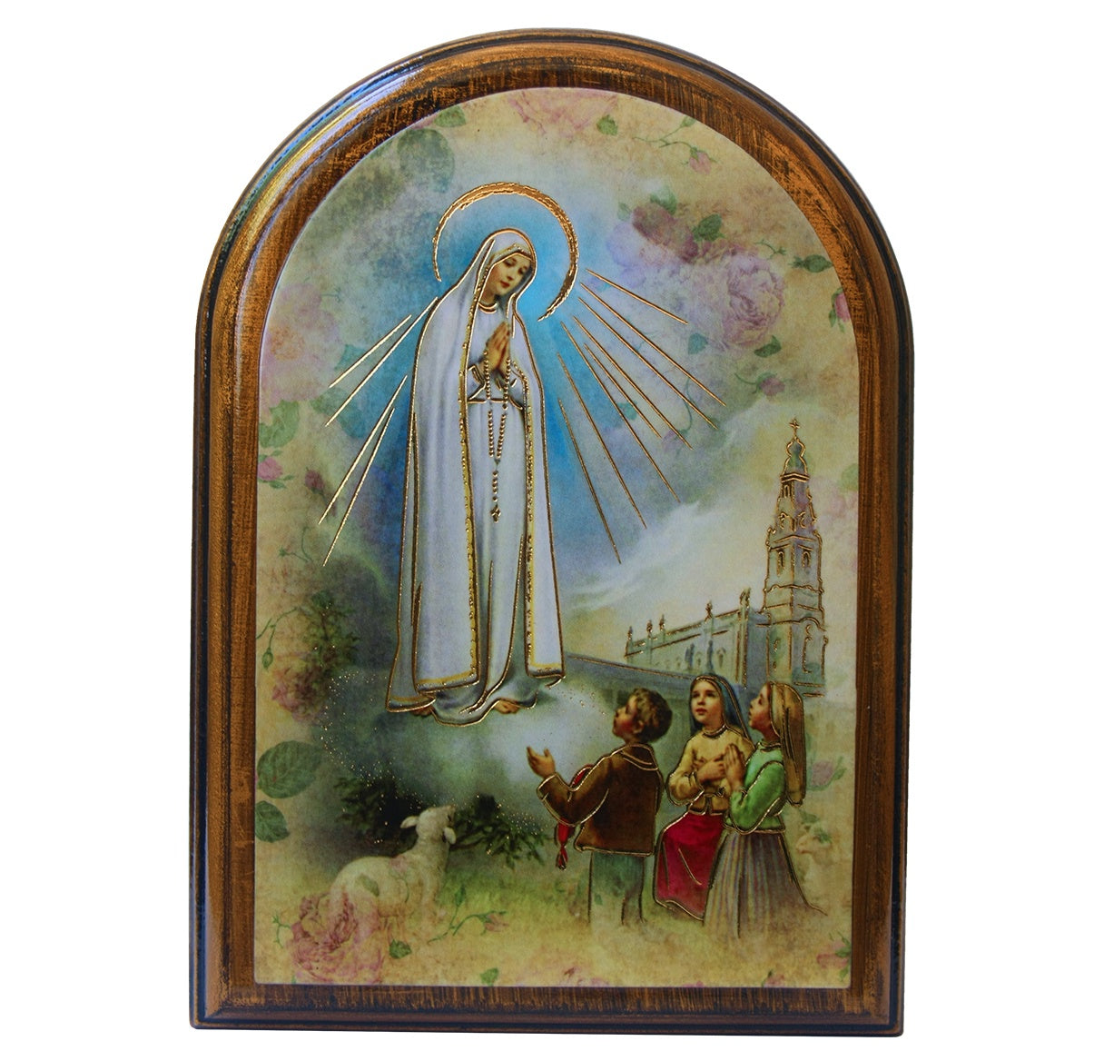 Our Lady Of Fatima Wooden 3 3/4X5 Arched Plaque Gift Boxed