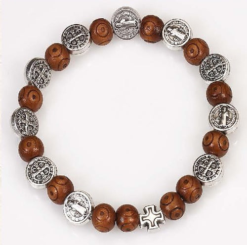 St. Benedict Wood and Silver tone Medal Rosary Bracelet