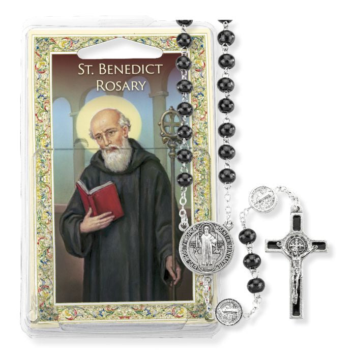 Black Wood Bead Saint Benedict Specialty Rosary Boxed