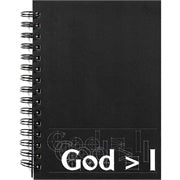 Spiral Prayer Journal in black with "God > I" on front cover