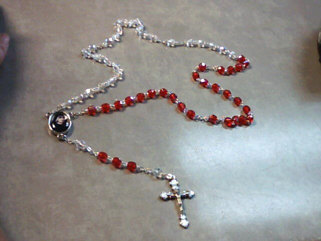 Divine Mercy Rosary Red & Clear Beads with Photo Center and Chaplet Prayer Card