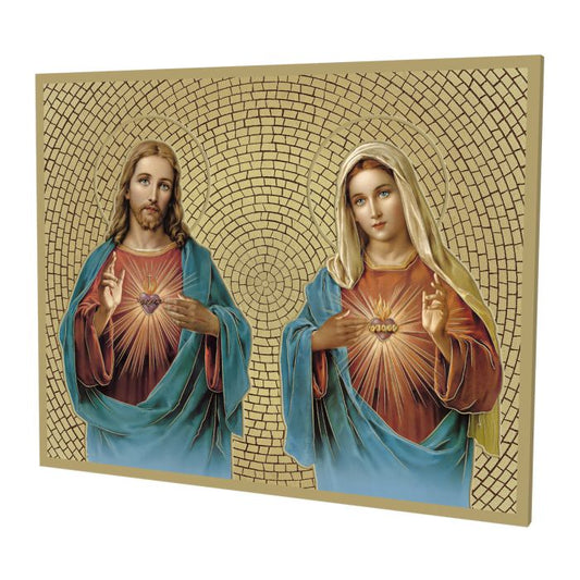 8X10 Gold Stamped Mosaic Plaque Of The Sacred Hearts Of Jesus And Mary