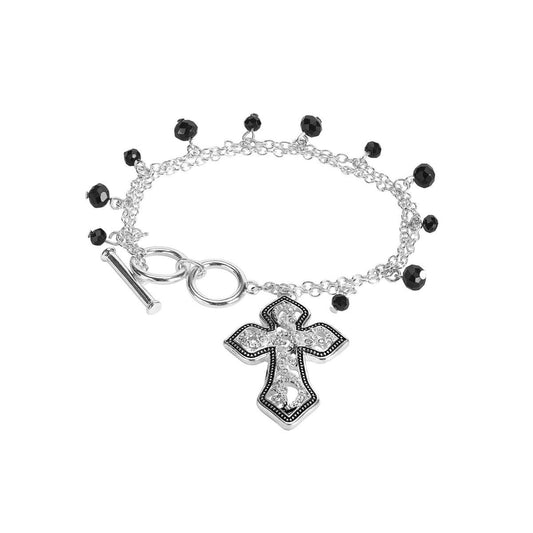 Cross Bracelet With Jet Black Beads