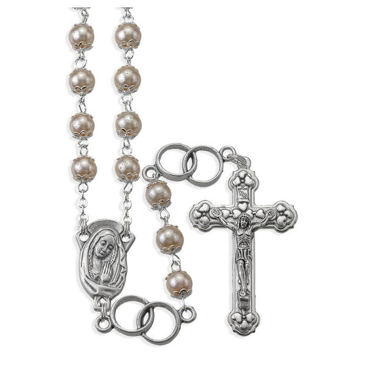 Wedding Rosary With Pearl Beads and Silver Tone Center and Crucifix