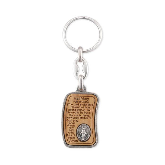 Hail Mary Keychain With Wood Inset And Miraculous Medal