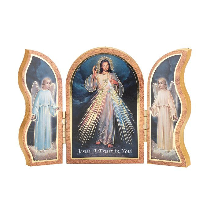 5 x 3.5" Divine Mercy Standing Natural Wood Triptych