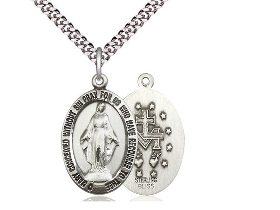 Miraculous Medal in Sterling Silver on Rhodium Chain