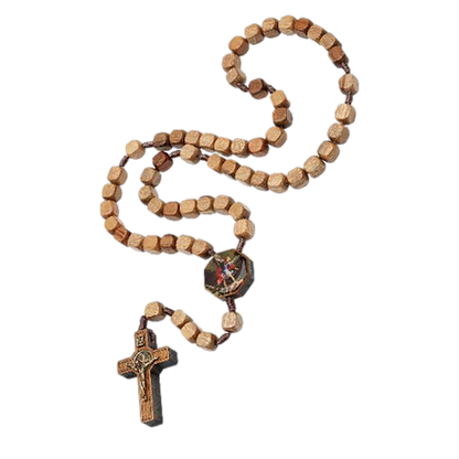 The Protector's Rosary: Wood Bead St. Michael & St. Benedict Rosary