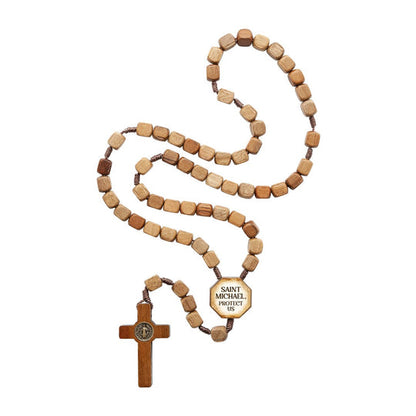 The Protector's Rosary: Wood Bead St. Michael & St. Benedict Rosary