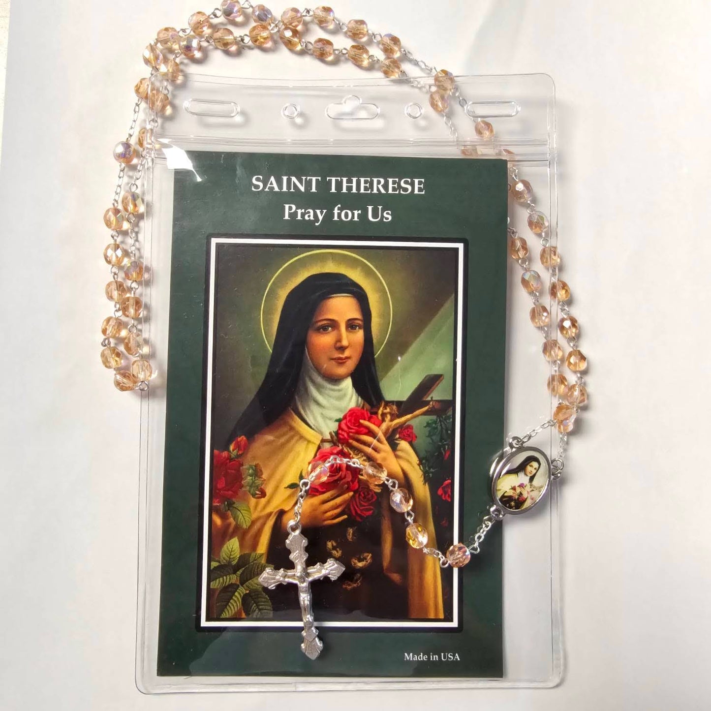 Saint Therese Glass Bead Rosary with Prayer Card - #28