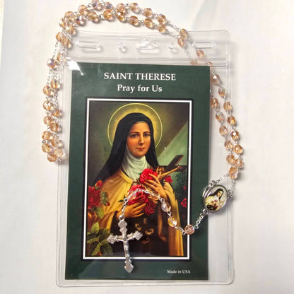 Saint Therese Glass Bead Rosary with Prayer Card