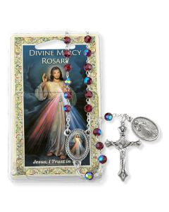 Divine Mercy Chaplet Rosary In Red Luminious Glass Beads