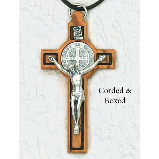 St. Benedict Olive Wood Crucifix - 3" Cross on Cord